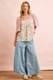 BIBI Crinkle Floral Gauze Mix And Matched Blouse Top on Simply Obsessed