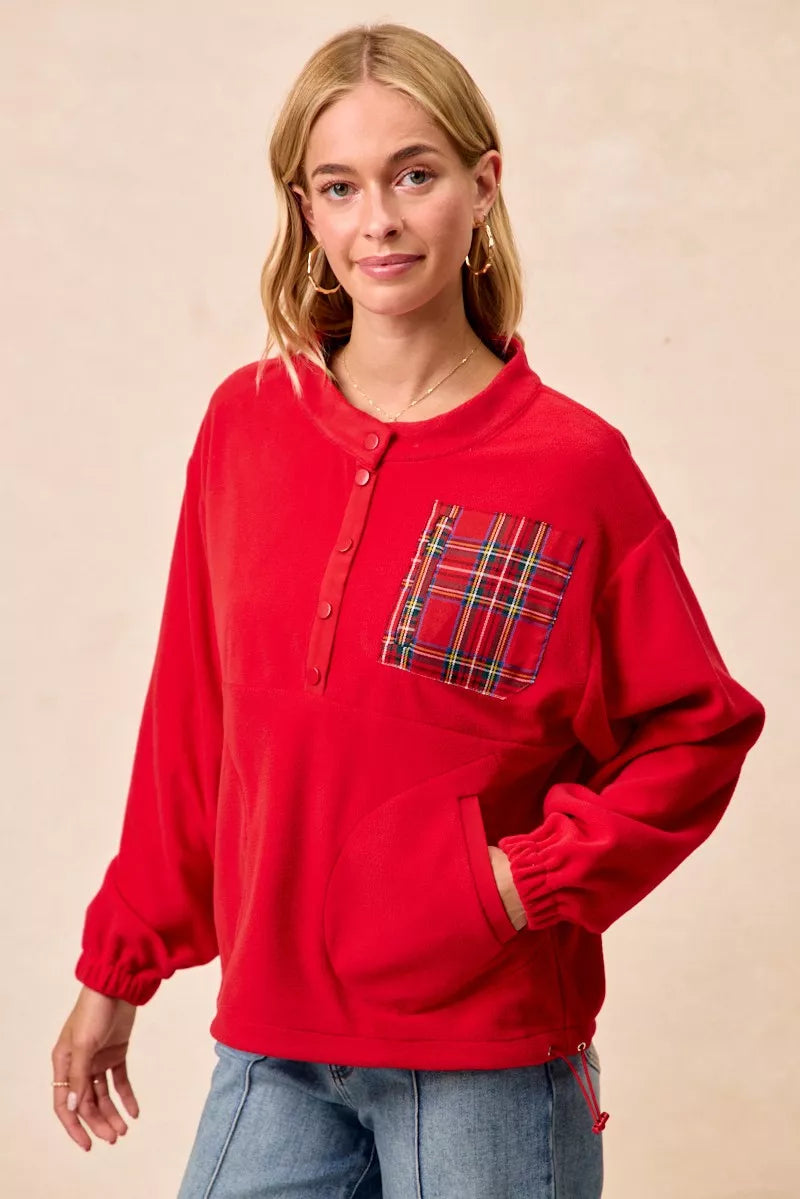 BIBI Christmas Theme Fleece Buttoned Top with Pockets on Simply Obsessed