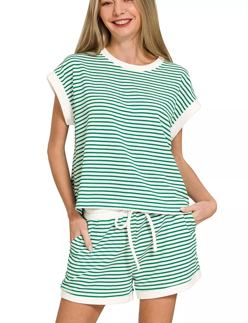 ZENANA Stripe Contrast Trim Top & Shorts Set on Simply Obsessed