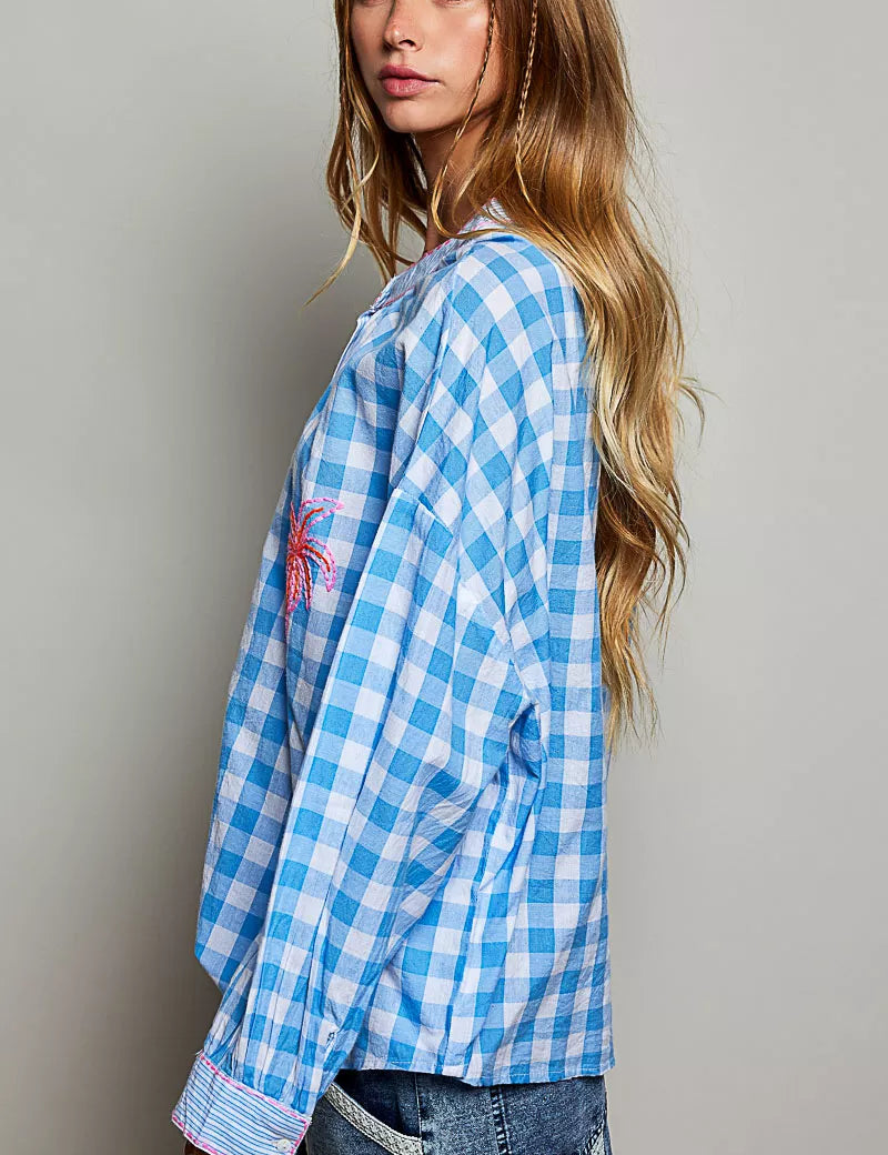 POL Gingham Embroidered Palm Tree Blouse on Simply Obsessed