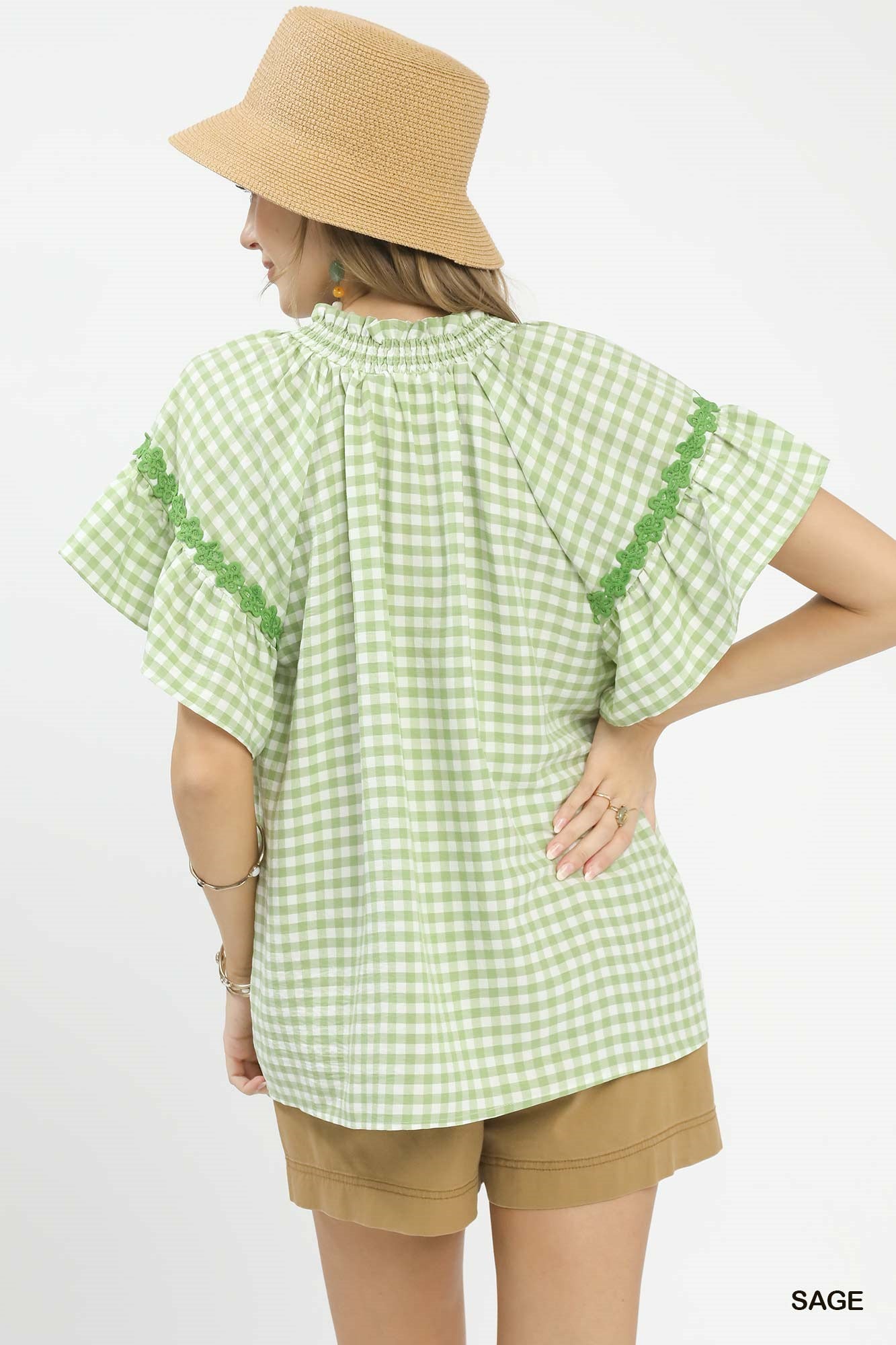UMGEE Gingham Lace Trim Top on Simply Obsessed