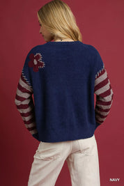 Umgee Flower Jacquard Striped Long Sleeve Sweater on Simply Obsessed