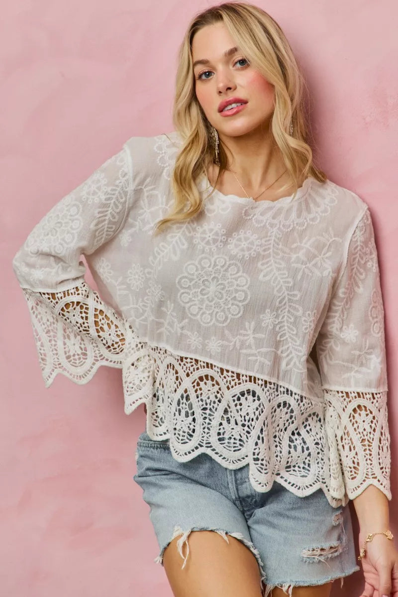 SO ME Floral Embroidered Crochet Lace Trimmed Top **DOORBUSTER** on Simply Obsessed