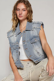 POL Assymetrical Front Closure Raw Hem Denim Vest on Simply Obsessed