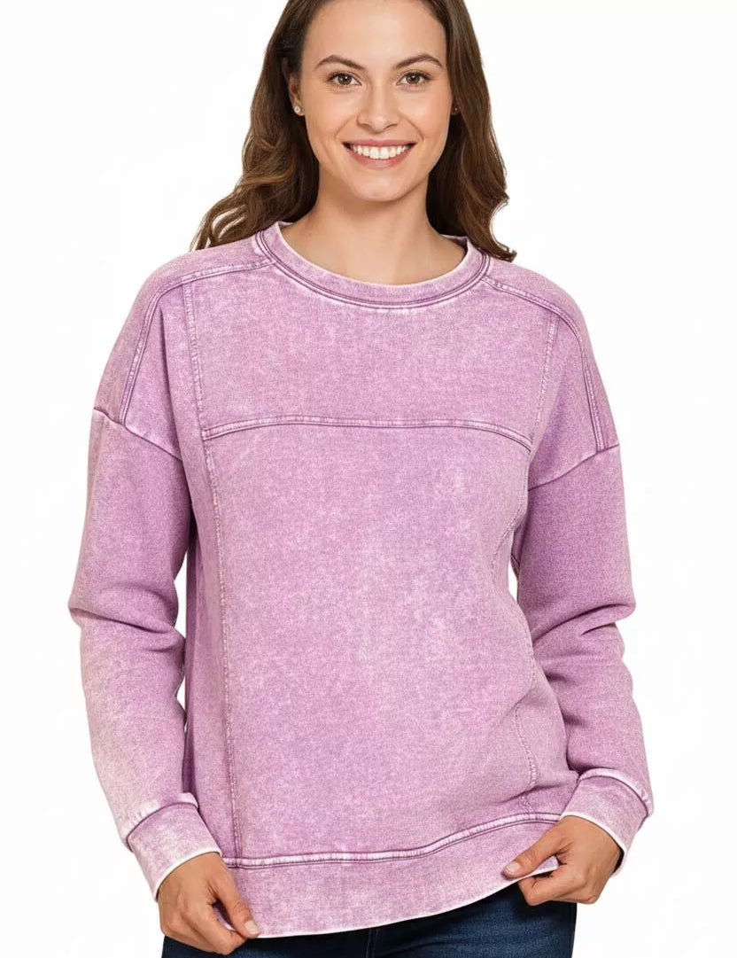 Zenana Acid Wash French Terry Exposed-Seam Pullover on Simply Obsessed