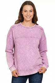 Zenana Acid Wash French Terry Exposed-Seam Pullover on Simply Obsessed