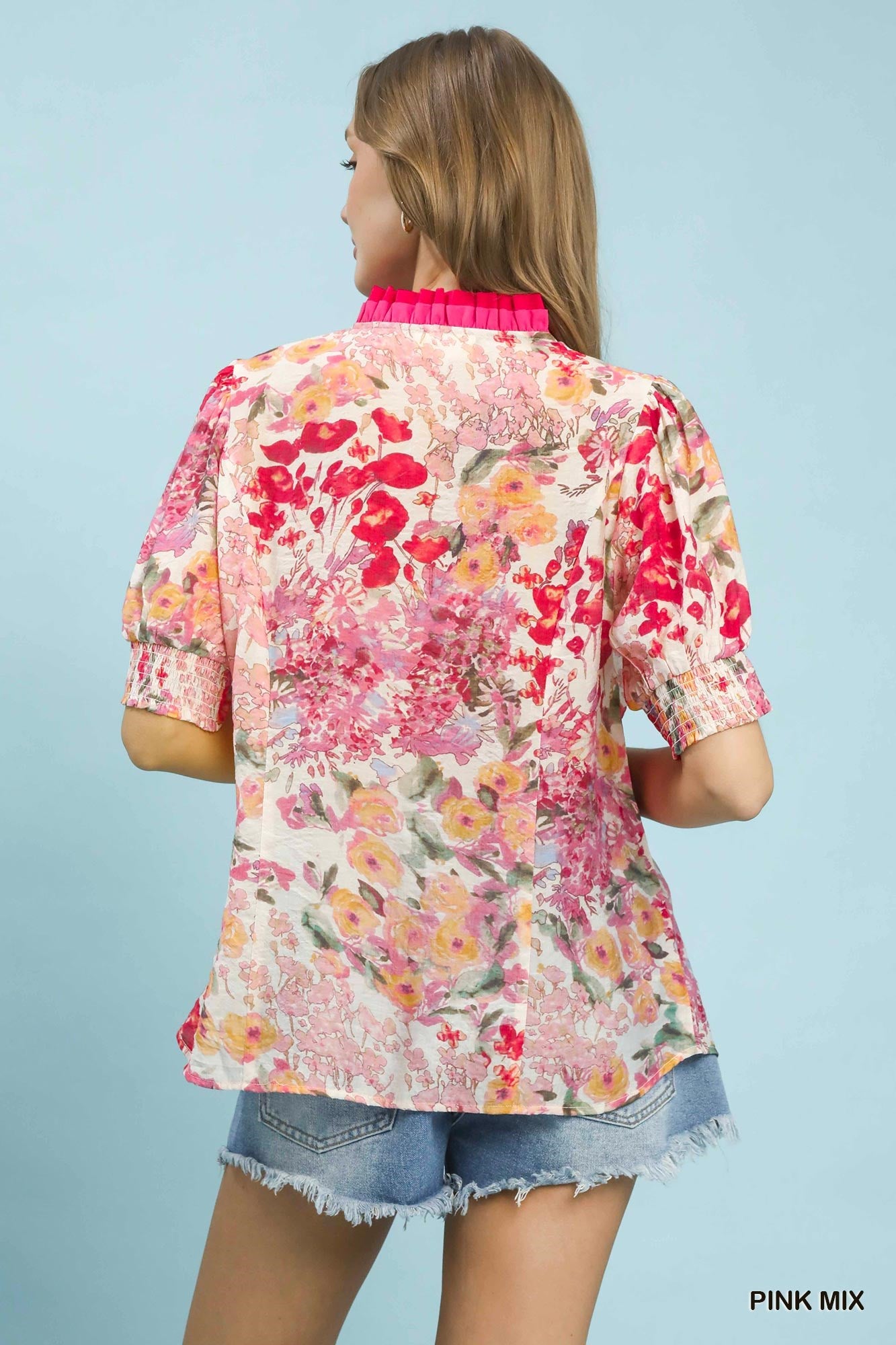 UMGEE Floral Contrast Pleat Neck Top **DEBUT SALE** on Simply Obsessed