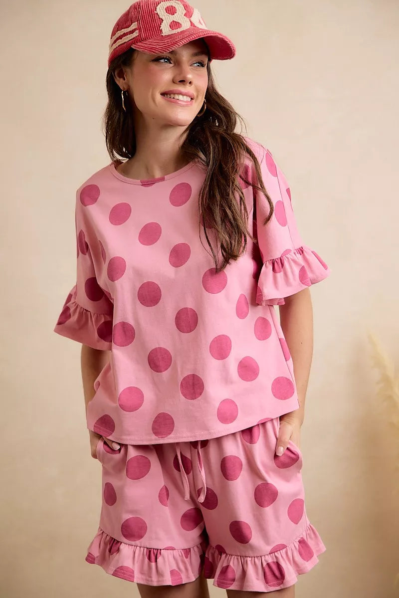 BIBI Polka Dots Printed Ruffled Detail Top And Shorts Set **DOORBUSTER** on Simply Obsessed