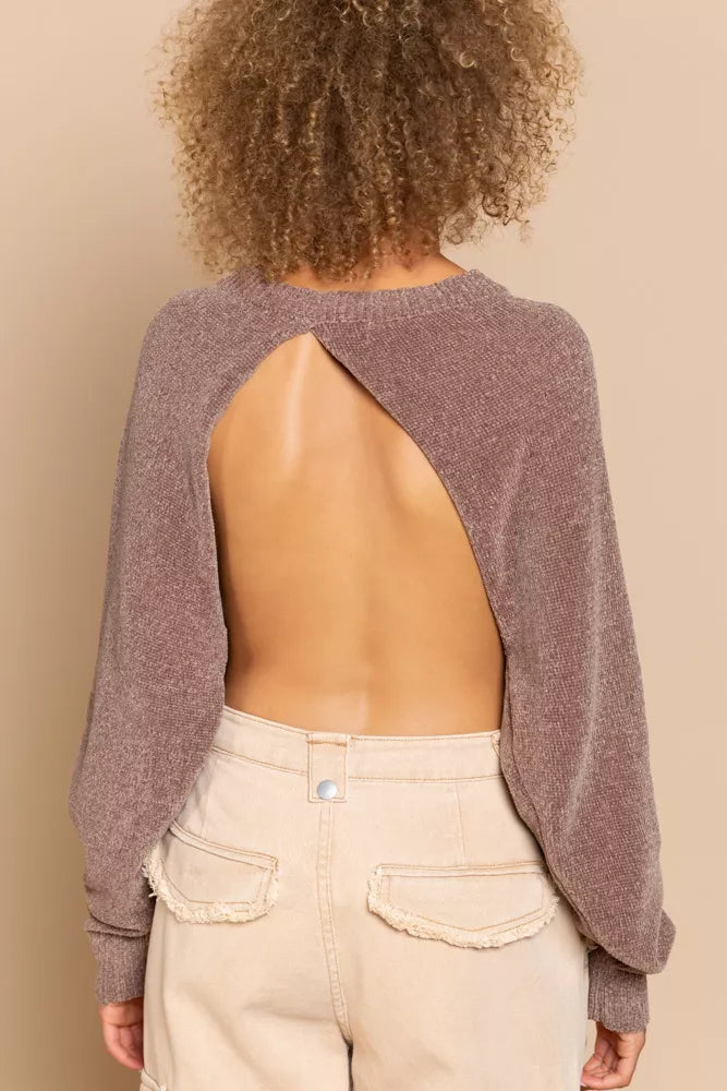 POL Round Neck Backless Sweater with Ribbed Edge on Simply Obsessed