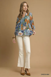 Umgee Multicolor Abstract Floral Print Blouse with Ruffle Neck on Simply Obsessed