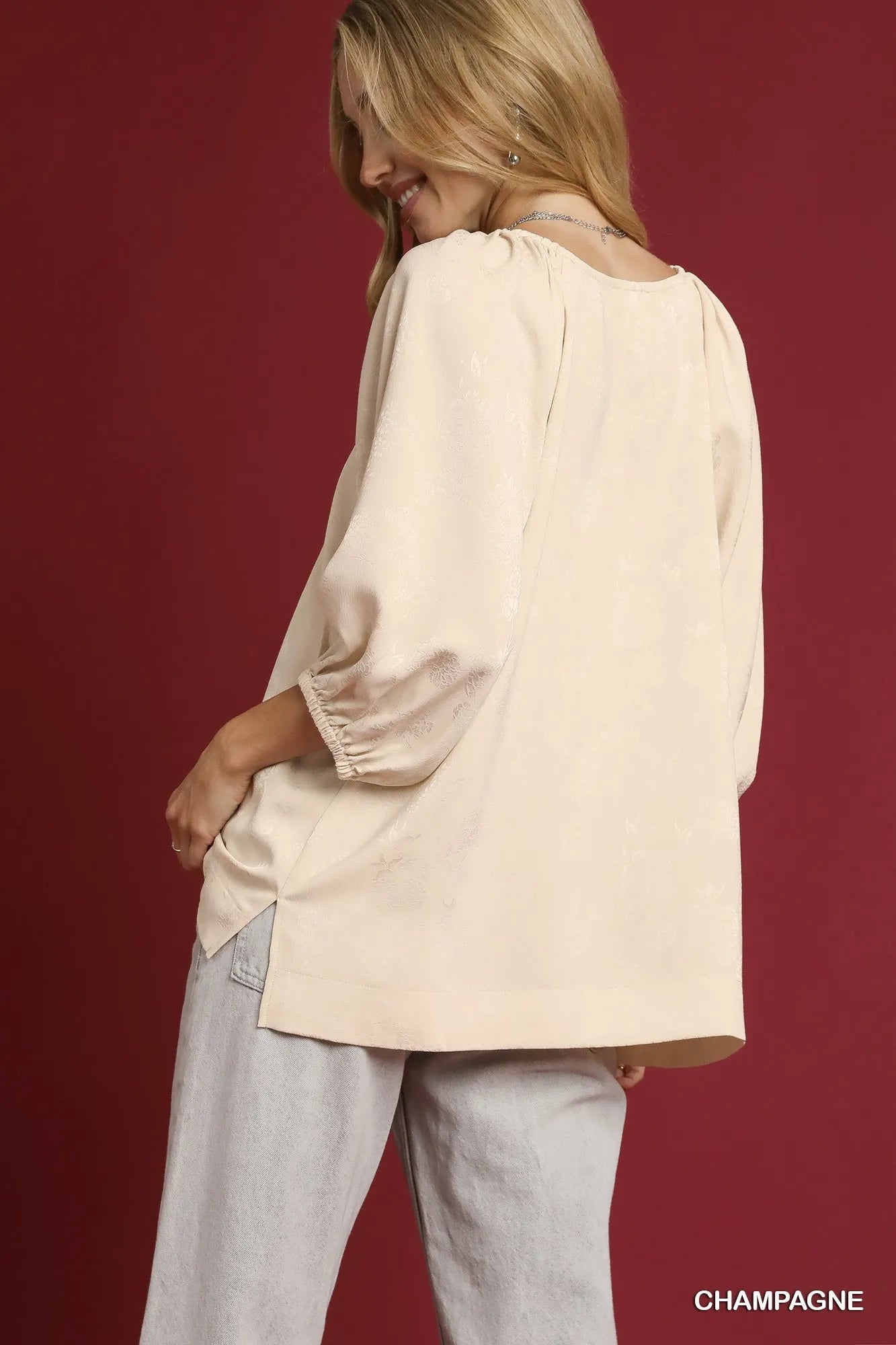 Umgee Satin Jacquard Balloon Sleeve Blouse on Simply Obsessed