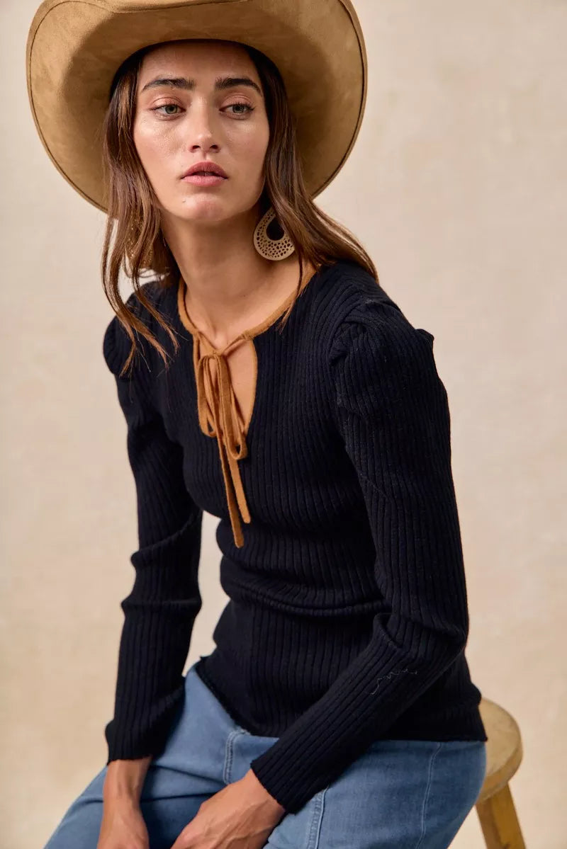 BiBi Ribbed Contrast Front Tied Top with Shrried on Simply Obsessed