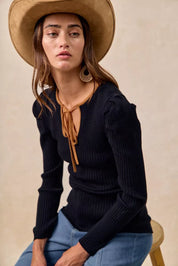 BiBi Ribbed Contrast Front Tied Top with Shrried on Simply Obsessed