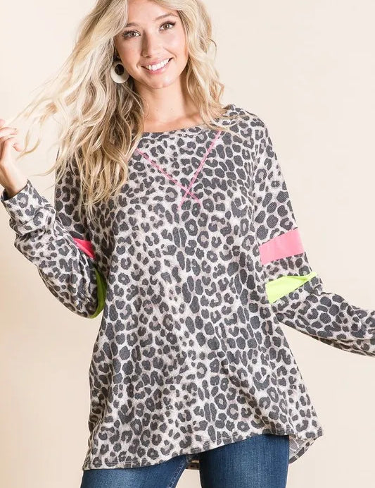 BiBi Leopard Thermal Top with Contrast Color Block on Simply Obsessed