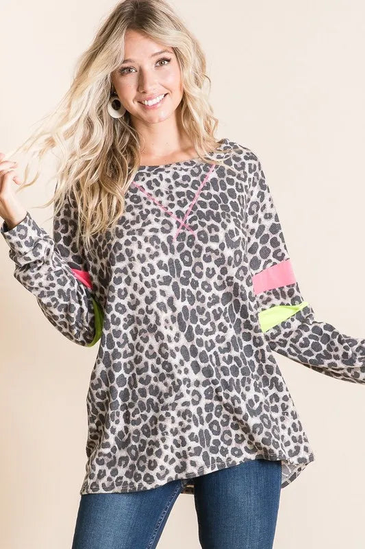 BiBi Leopard Thermal Top with Contrast Color Block on Simply Obsessed