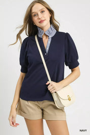 UMGEE Striped Collar Popover Top on Simply Obsessed