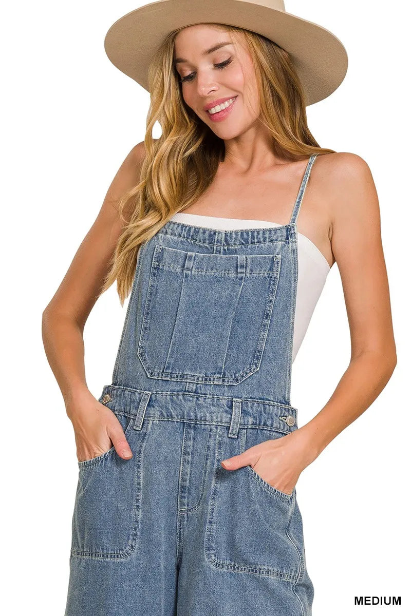 ZENANA Denim Medium Washed Wide Leg Overalls on Simply Obsessed