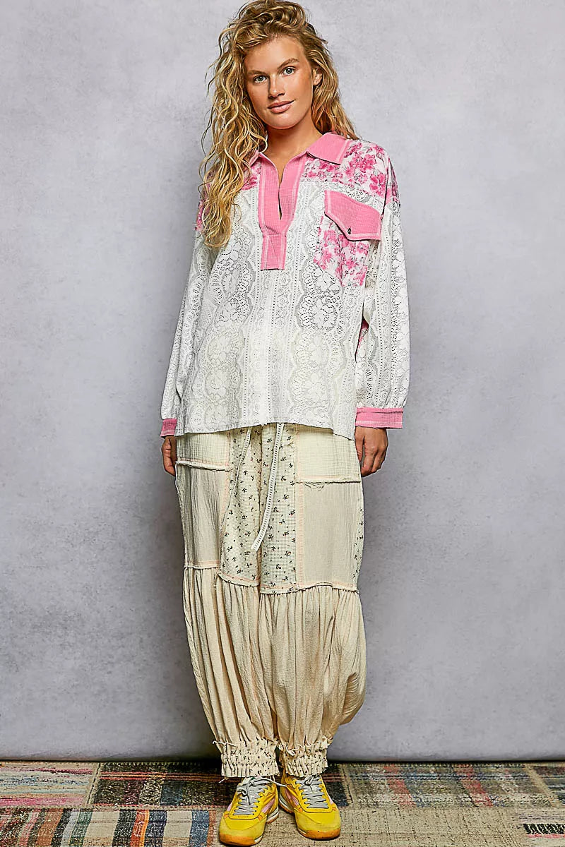 POL Floral Print Long Sleeve Lace Shirt with Front Pocket on Simply Obsessed