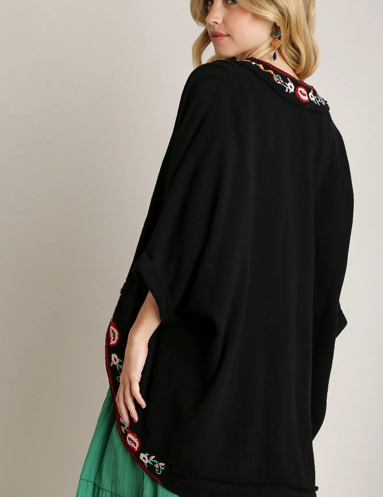 Umgee Embroidery Open Front Kimono with Pleated Shoulder Detail on Simply Obsessed