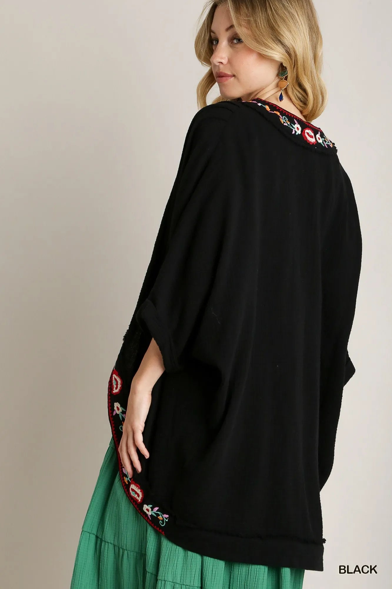 Umgee Embroidery Open Front Kimono with Pleated Shoulder Detail on Simply Obsessed