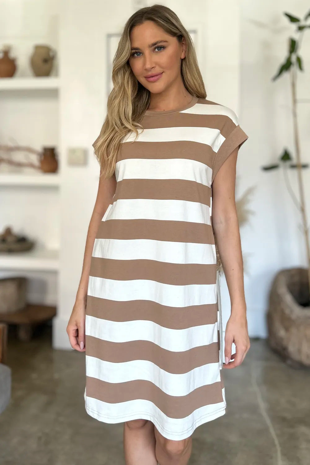 BASIC BAE Full Size Striped Round Neck Cap Sleeve Mini Dress on Simply Obsessed