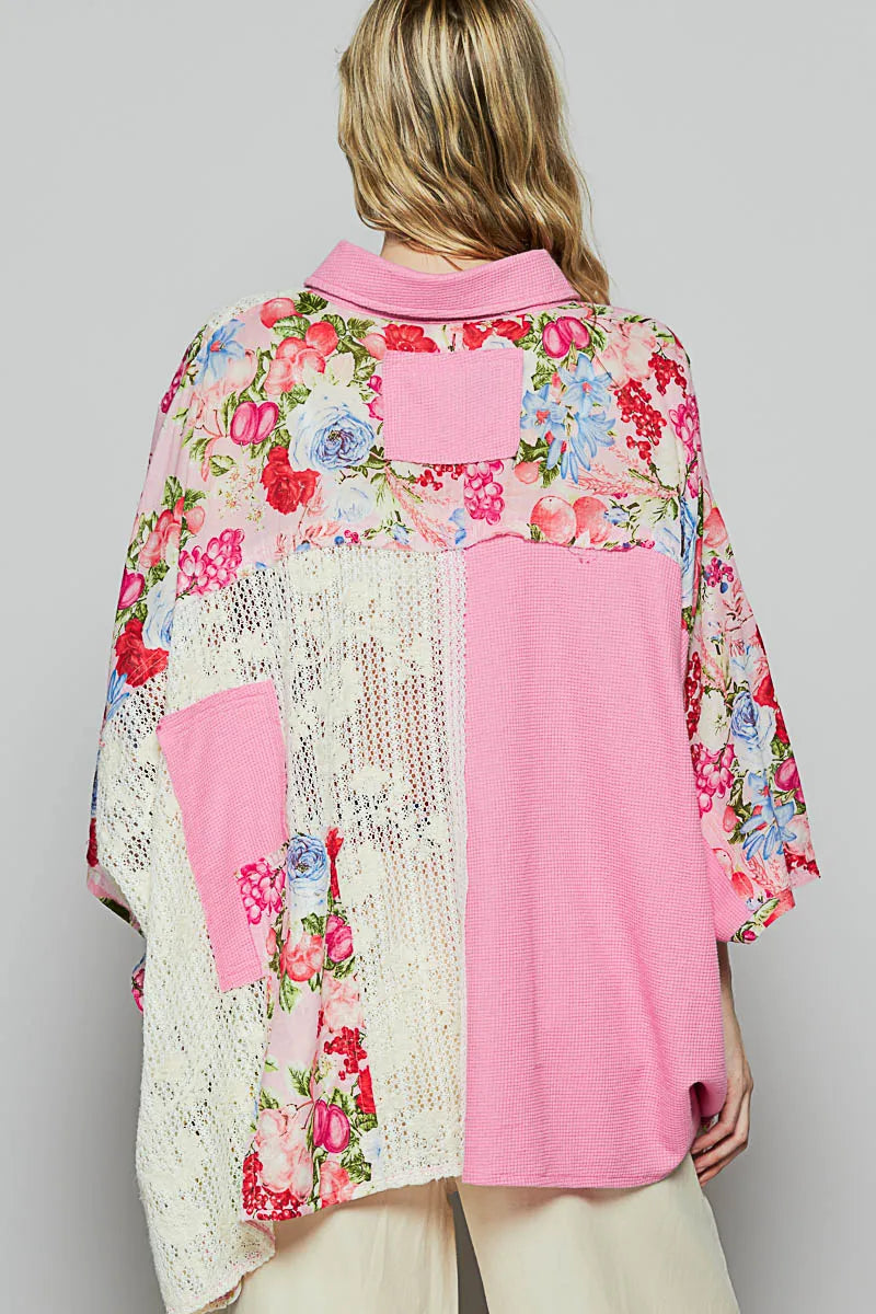 POL Thermal and Crochet Lace Mix Shirt with Floral Pattern on Simply Obsessed