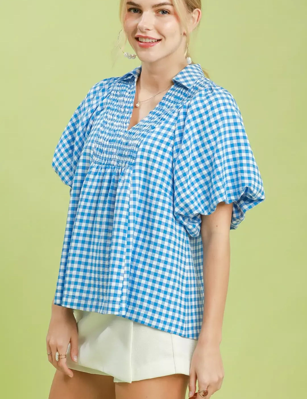 UMGEE Smocked Yoke Puff Sleeve Gingham Blouse on Simply Obsessed