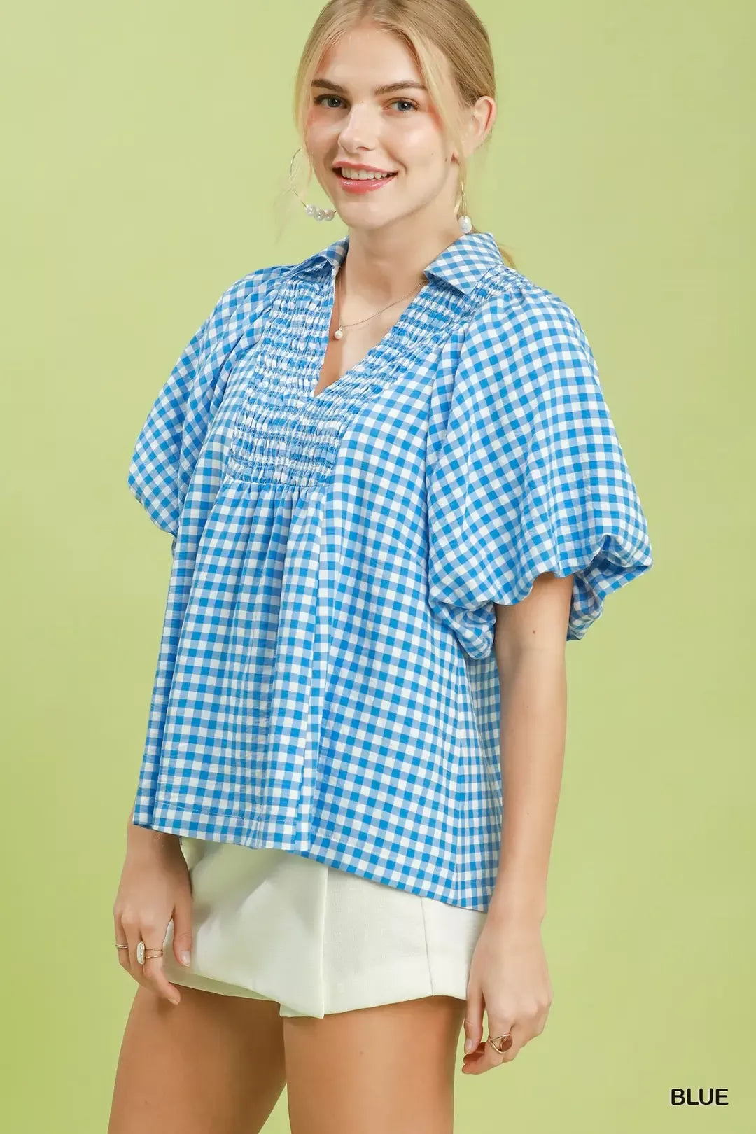 UMGEE Smocked Yoke Puff Sleeve Gingham Blouse on Simply Obsessed