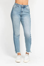 JUDY BLUE Full Size Vintage Wash Side Panel Detail with Fray Hem Slim Plus Size on Simply Obsessed