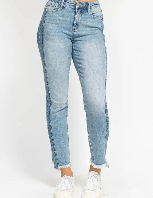 JUDY BLUE Full Size Vintage Wash Side Panel Detail with Fray Hem Slim Plus Size on Simply Obsessed
