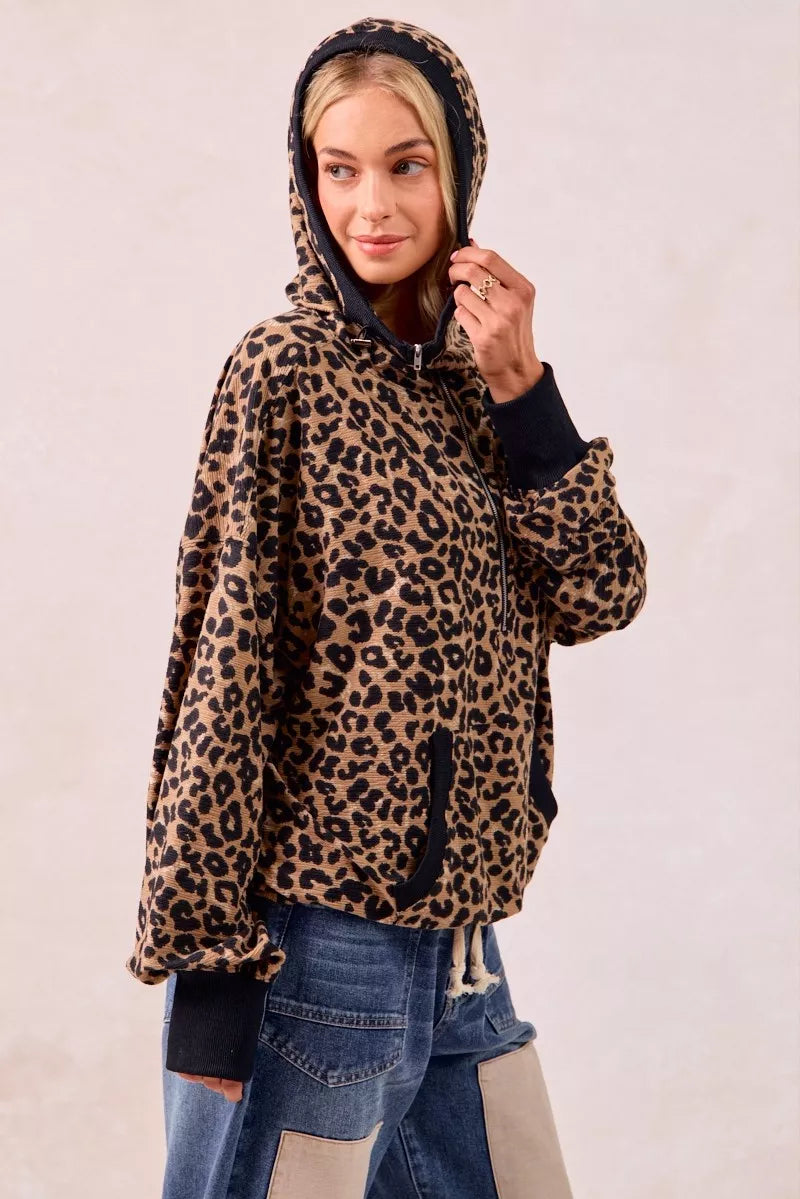 BiBi Leopard Print Waffle Half Zip Up Hoodie W Pocket on Simply Obsessed