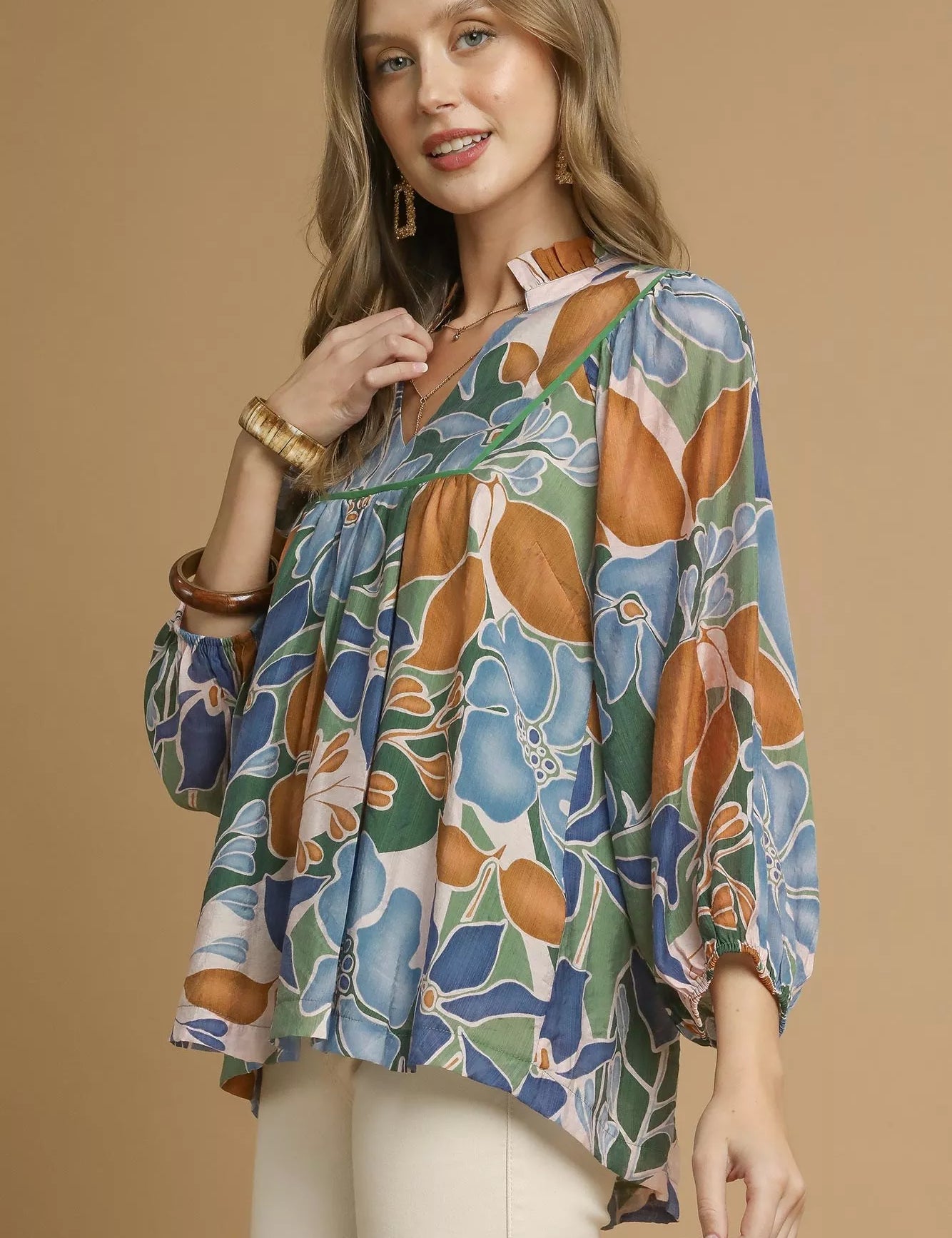 Umgee Multicolor Abstract Floral Print Blouse with Ruffle Neck on Simply Obsessed