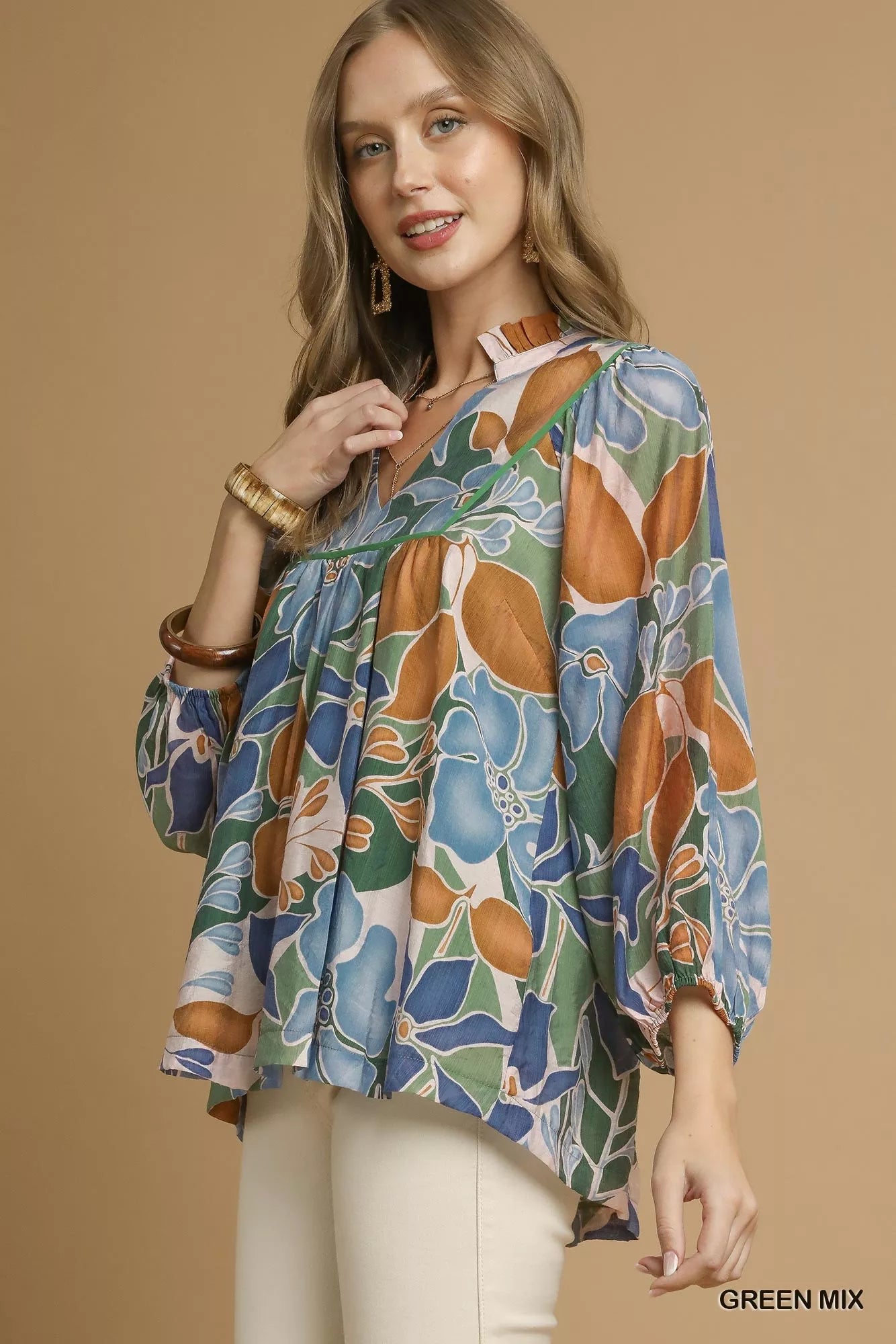 Umgee Multicolor Abstract Floral Print Blouse with Ruffle Neck on Simply Obsessed