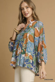 Umgee Multicolor Abstract Floral Print Blouse with Ruffle Neck on Simply Obsessed
