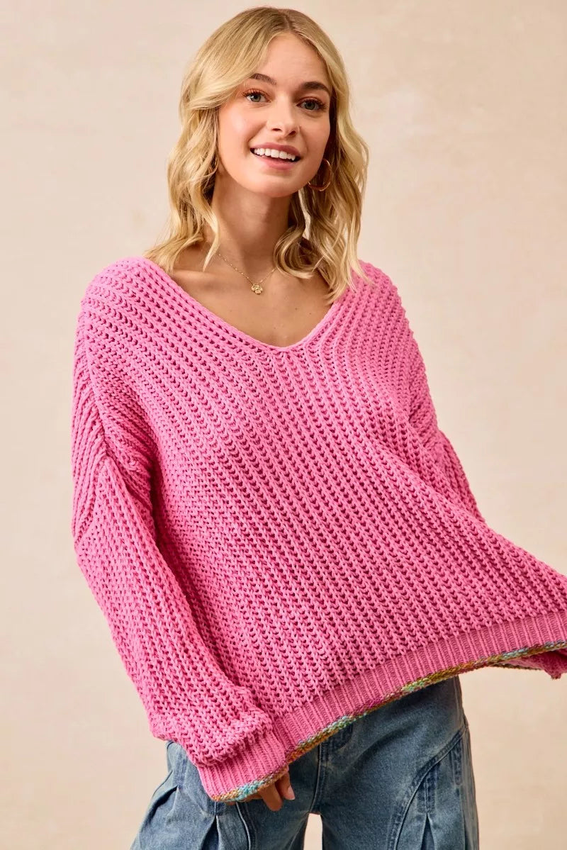 BiBi V-Neck Sweater with Colorful Trim on Simply Obsessed