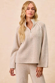 BiBi Two Tone Rib Texured Knit Collared Top with Zip Up on Simply Obsessed