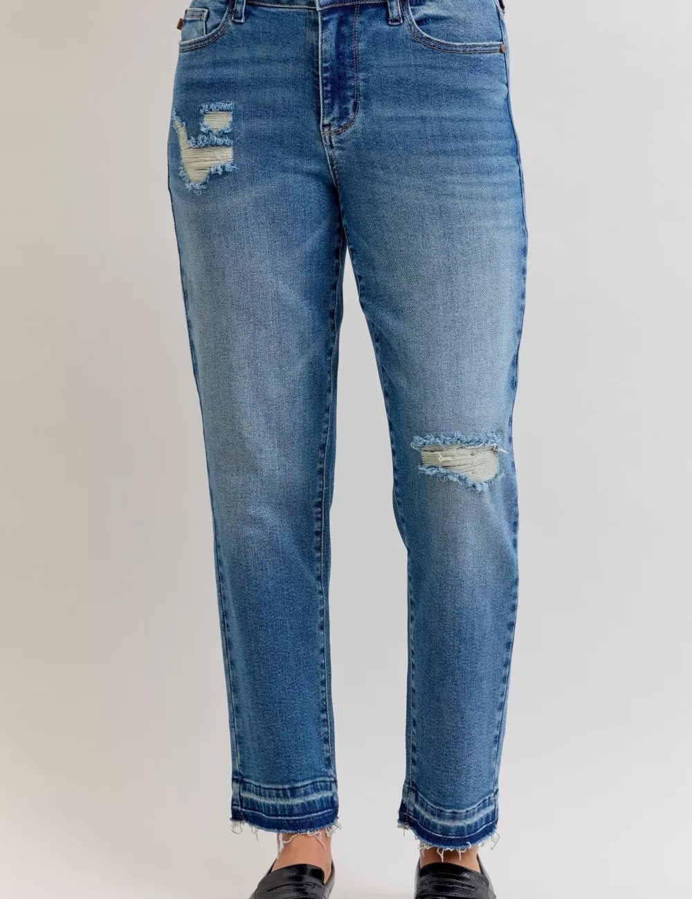 JUDY BLUE Full Size Mid Rise Bf Patch & Repair Destroy Release Hem Jeans Plus Size on Simply Obsessed