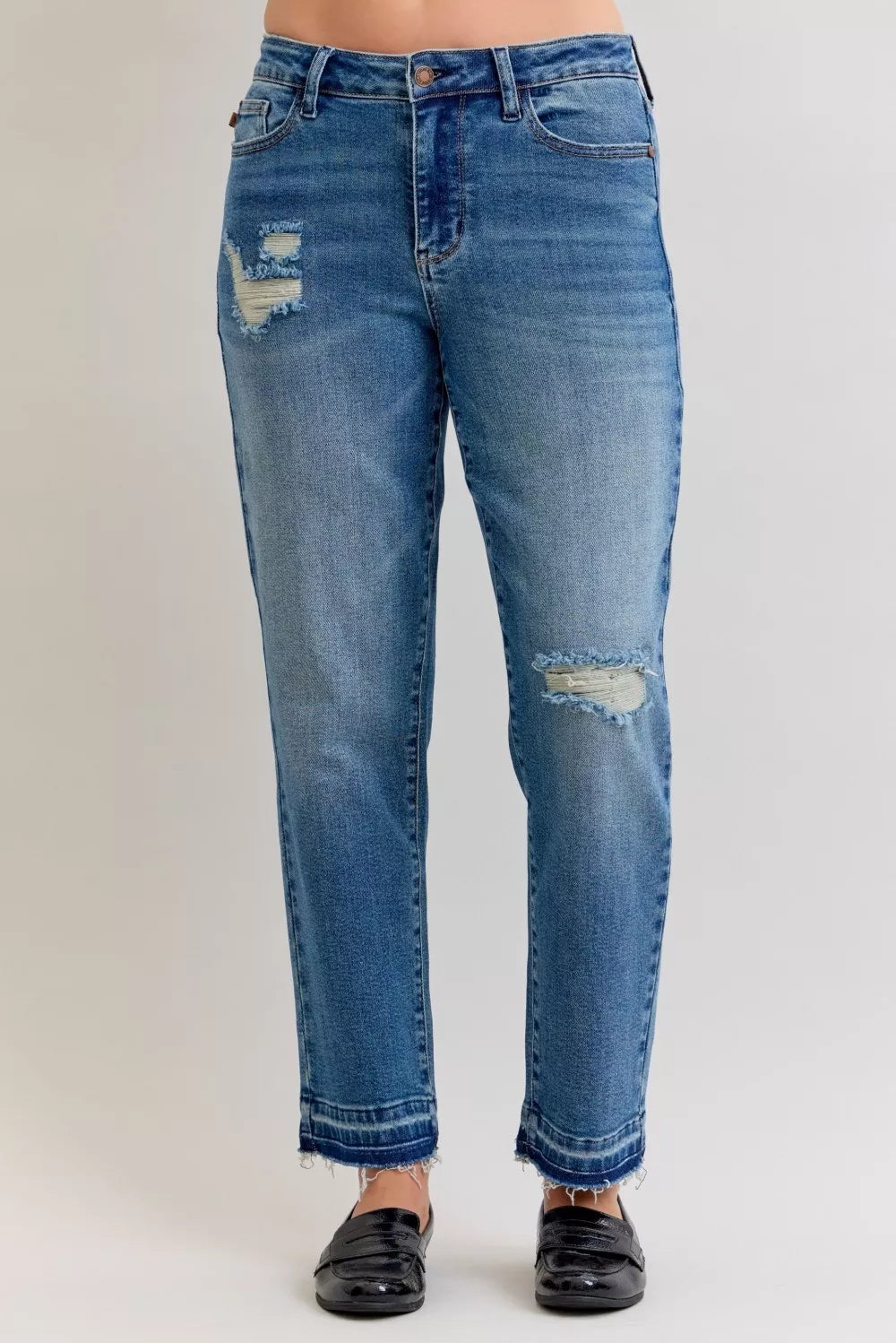 JUDY BLUE Full Size Mid Rise Bf Patch & Repair Destroy Release Hem Jeans Plus Size on Simply Obsessed