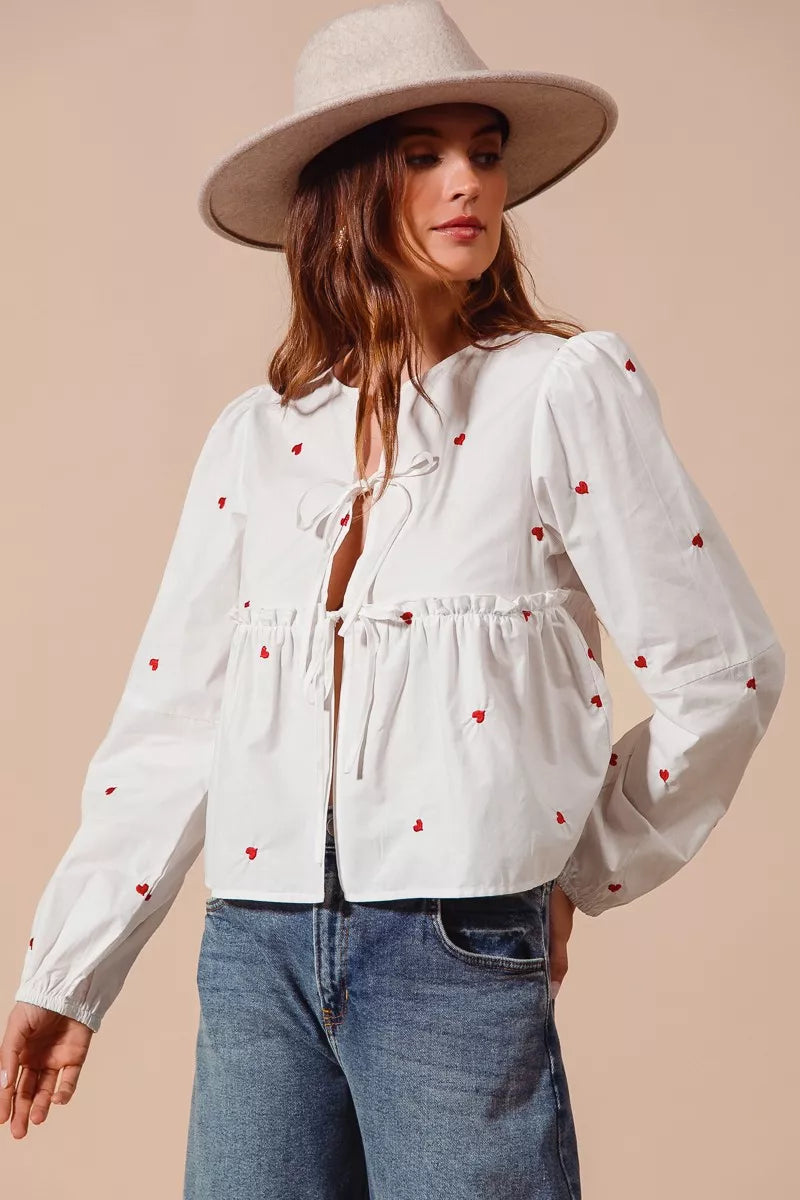 SO ME Front Tie Heart Embroidered Blouse With Puff Sleeve on Simply Obsessed
