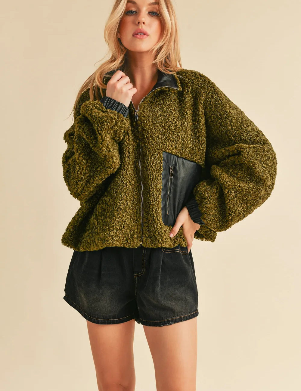 Aemi + Co Collared Neck Zip Up Sherpa Jacket on Simply Obsessed