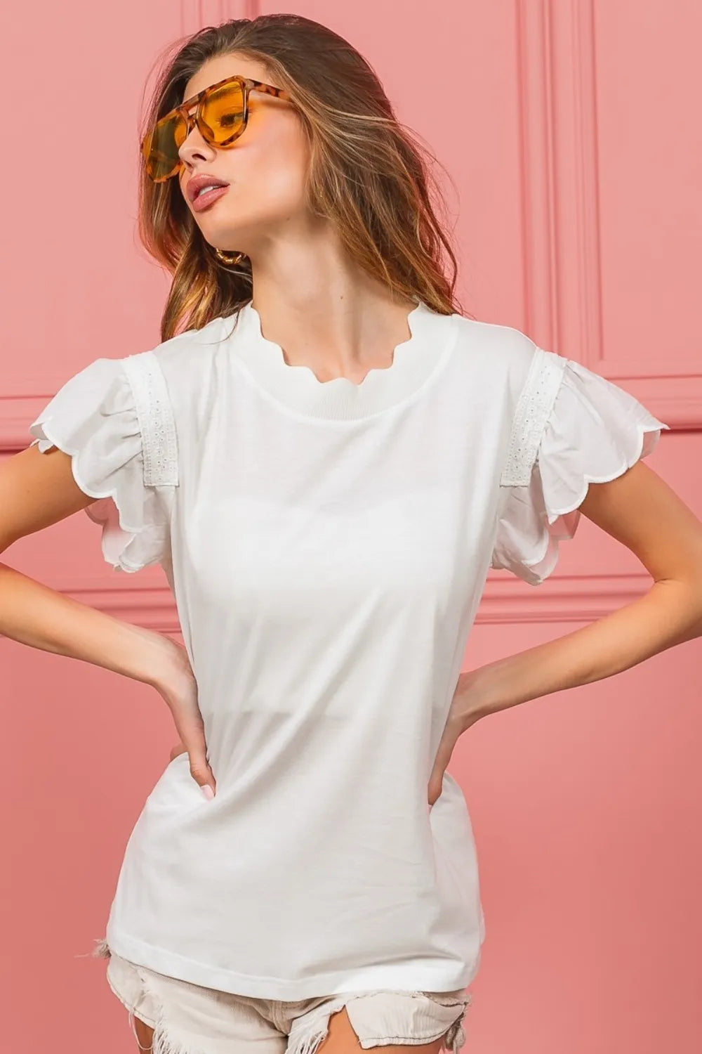 BIBI Scallop Edged Lace Trim Top on Simply Obsessed