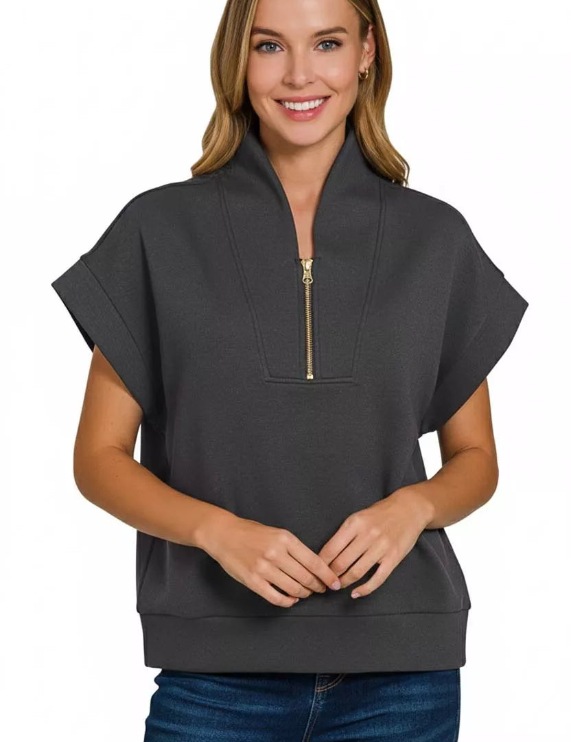 Zenana Scuba High Neck Half Zip Top on Simply Obsessed