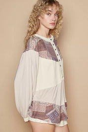 POL Half Button Balloon Sleeve Top with Printed Knit Contrast on Simply Obsessed