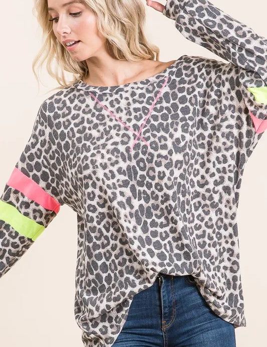 BiBi Leopard Thermal Top with Contrast Color Block on Simply Obsessed
