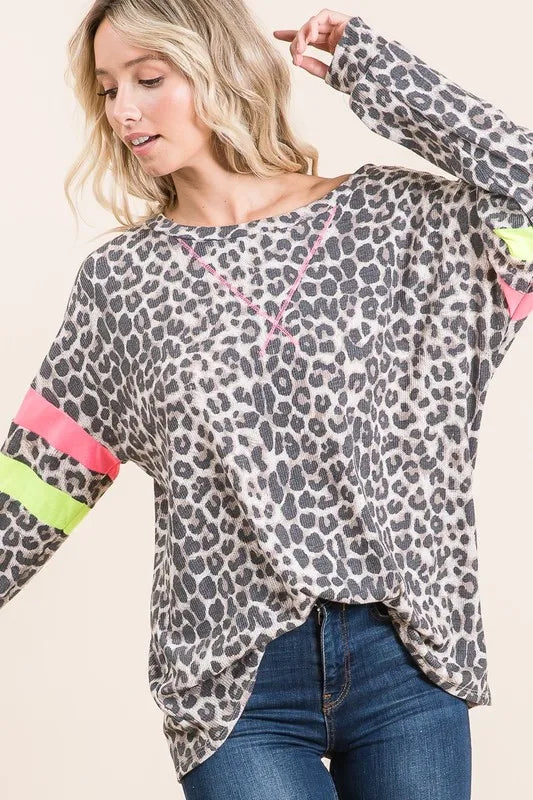BiBi Leopard Thermal Top with Contrast Color Block on Simply Obsessed