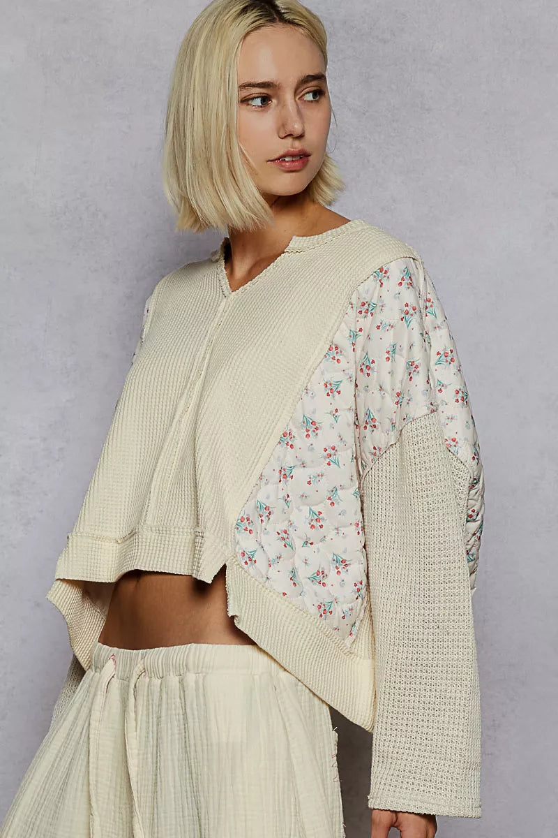 POL Mix Thermal Floral Pattern Quilted Knit Cropped Top with Raw Edge Detail on Simply Obsessed