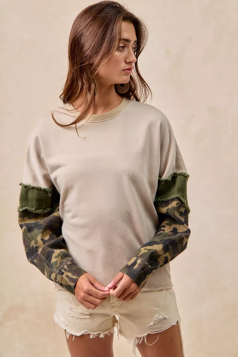 BiBi Camo Sleeve French Terry Top with Frayed Edge on Simply Obsessed