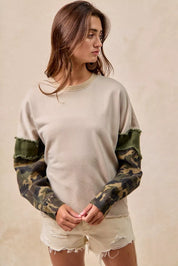 BiBi Camo Sleeve French Terry Top with Frayed Edge on Simply Obsessed