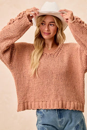 BiBi Chunky Knit Sweater with Flower Detail Sleeves on Simply Obsessed