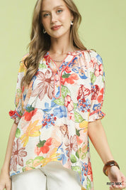UMGEE Watercolor Floral Print Top with High-Low Hem on Simply Obsessed